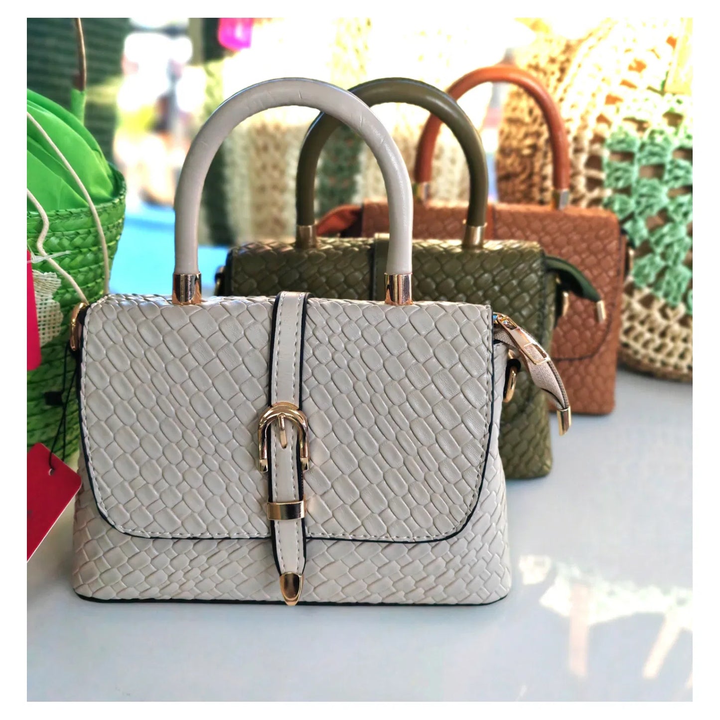 Josie Woven Effect Top Handle Bag - Beige