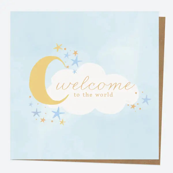 New Baby Card - Moon & Clouds - Blue