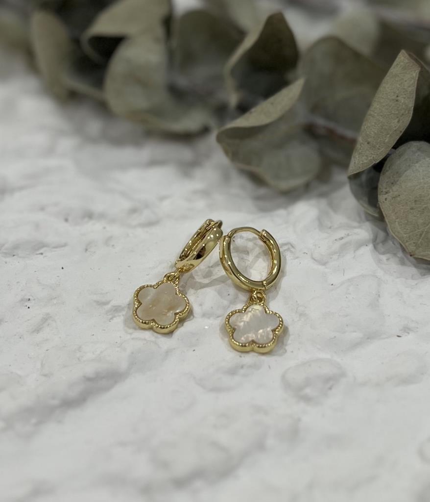 Flower Mother Of Pearl Huggie Earrings In Gold