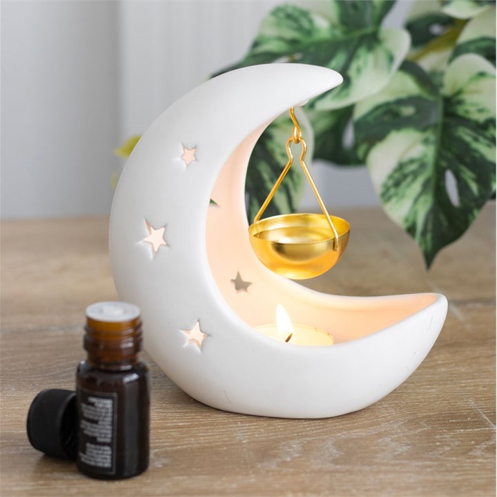 White Crescent Moon Hanging Burner With Gold Dish