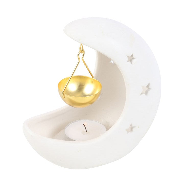 White Crescent Moon Hanging Burner With Gold Dish