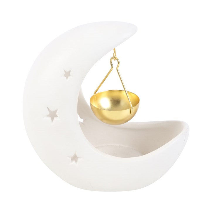 White Crescent Moon Hanging Burner With Gold Dish