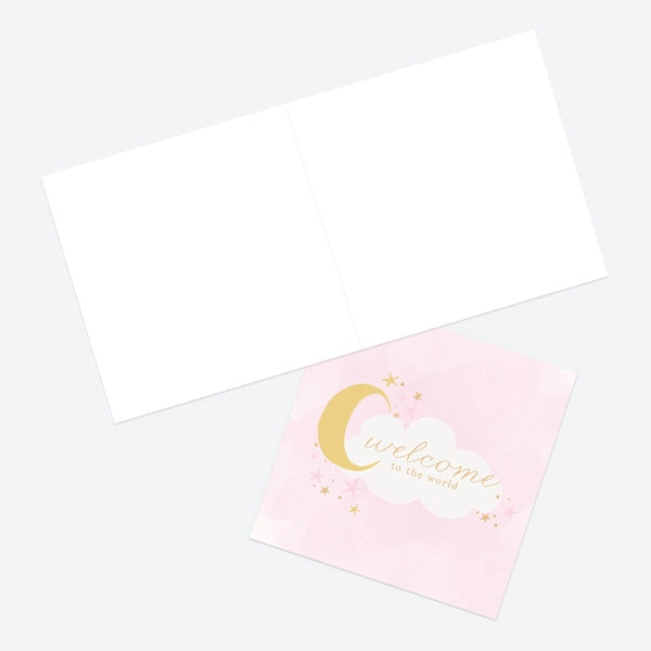 New Baby Card - Moon & Clouds - Pink