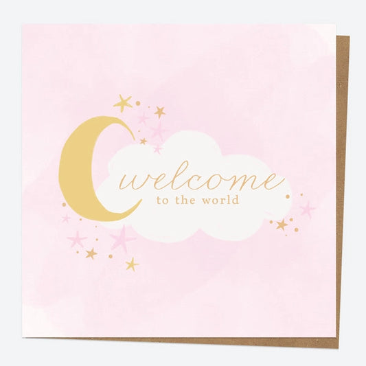 New Baby Card - Moon & Clouds - Pink