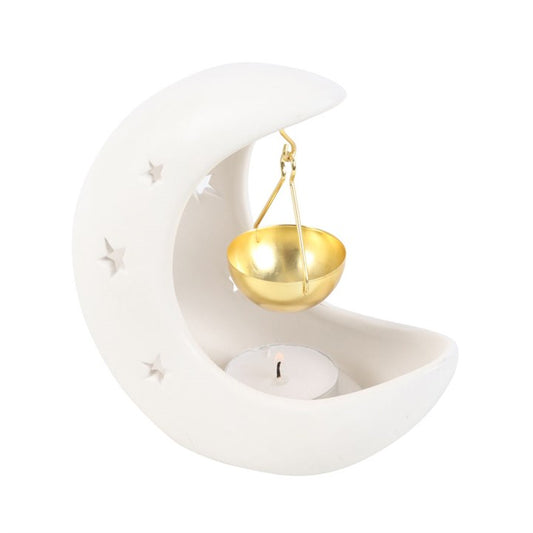 White Crescent Moon Hanging Burner With Gold Dish