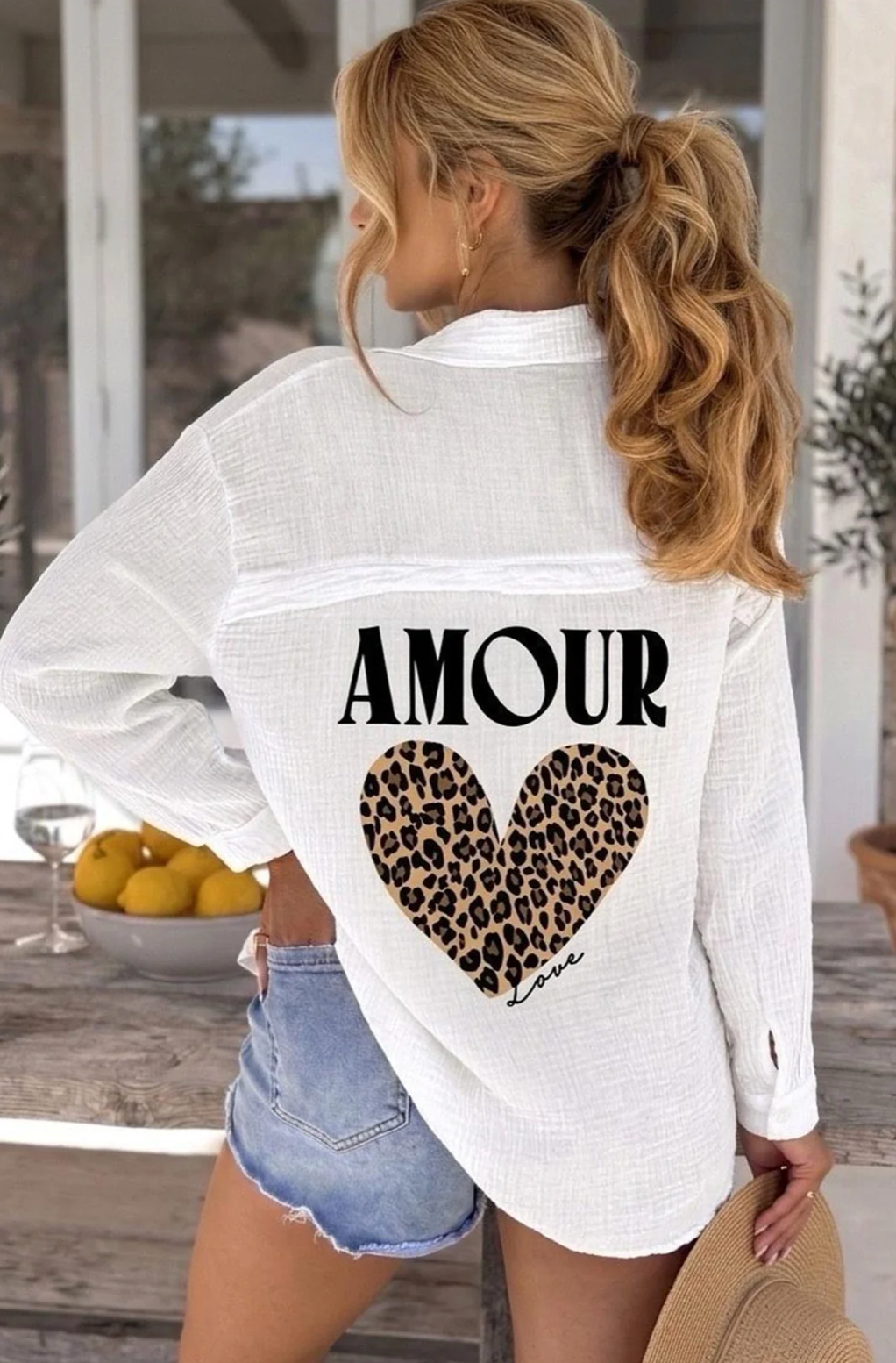 Amour Leopard heart Graphic Cotton Gauze Shirt Top