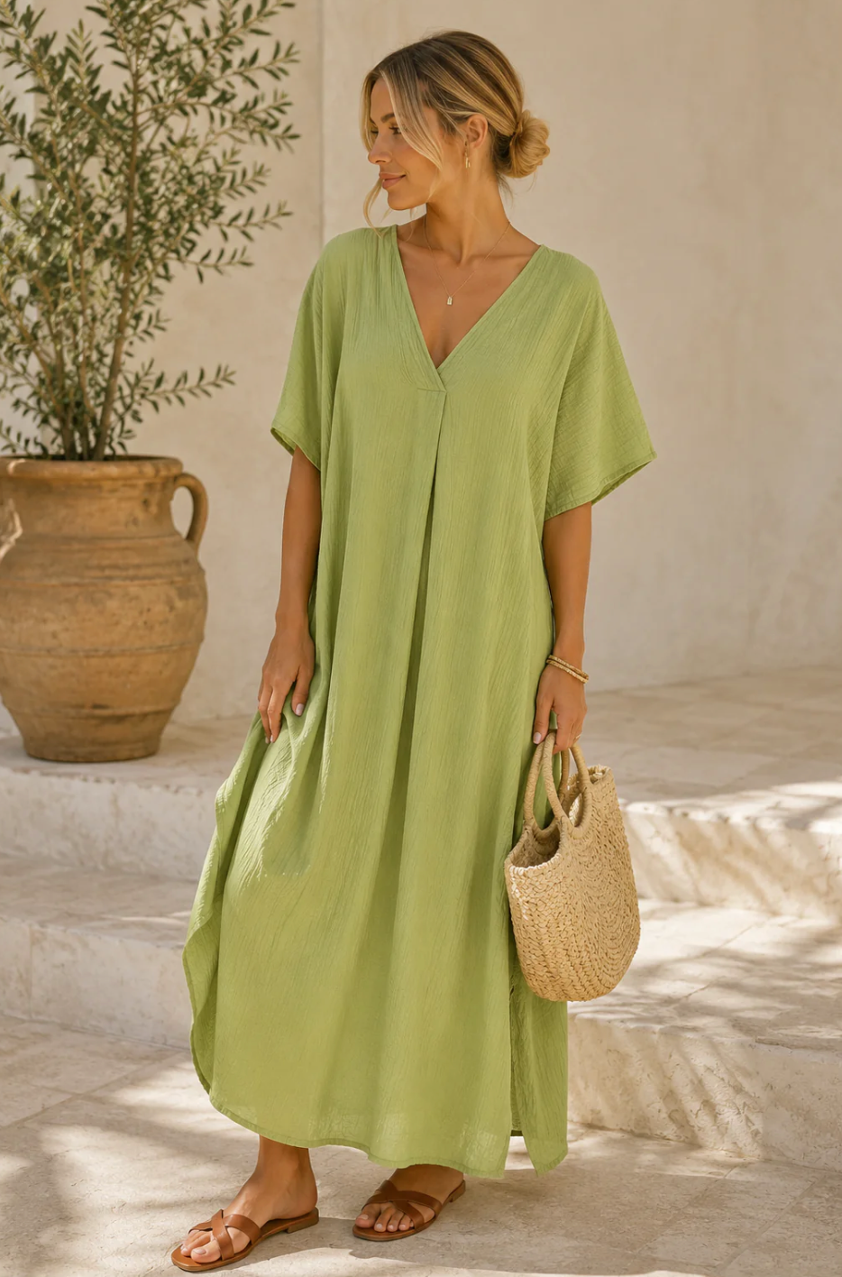 Simona Crinkle V neck Dress