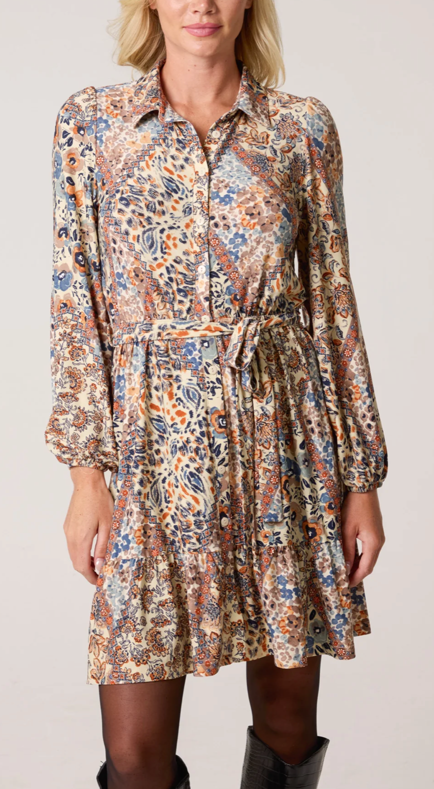 Camila mix print belted mini shirt dress