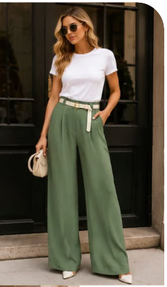 Wide leg belted trousers