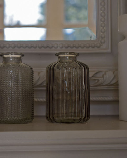Ribbed Glass Bottle Smokey Grey 10cm